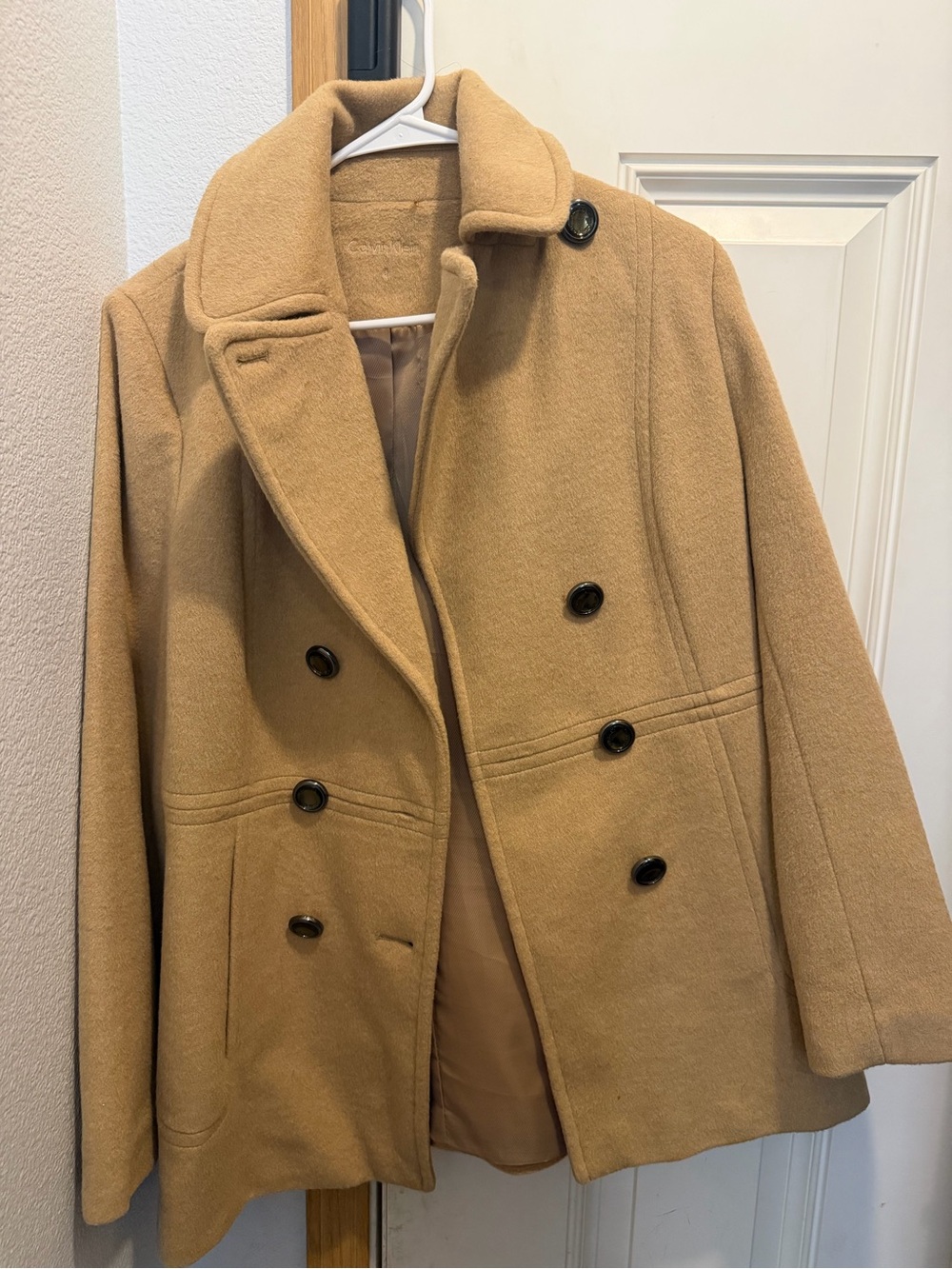 Calvin Klein Camel Double-Breasted Peacoat